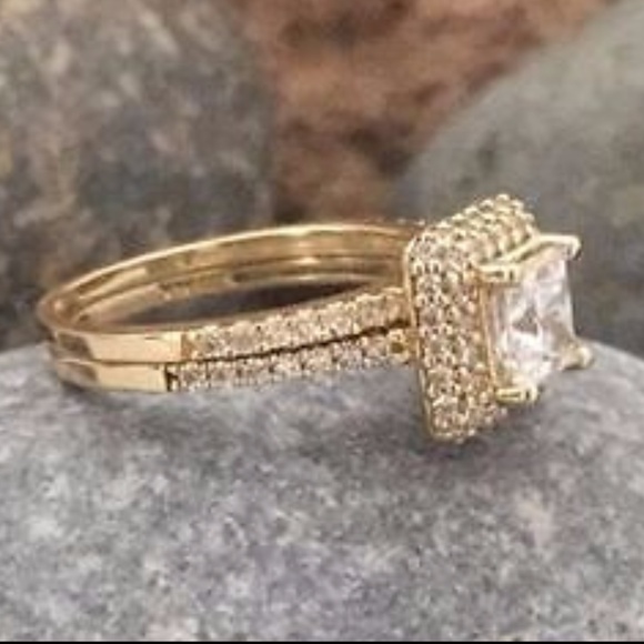 New Solid 14K Yellow Gold  Princess Cut Engagement Bridal Ring band 2pc set - Picture 5 of 9